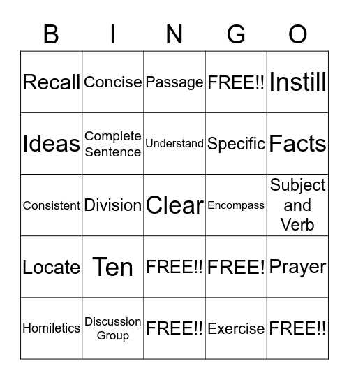 The Subject Sentence Bingo Card