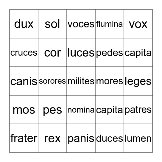 Review of Third Declension Words Bingo Card