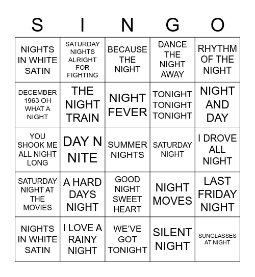 679 NIGHT FEVER Bingo Card