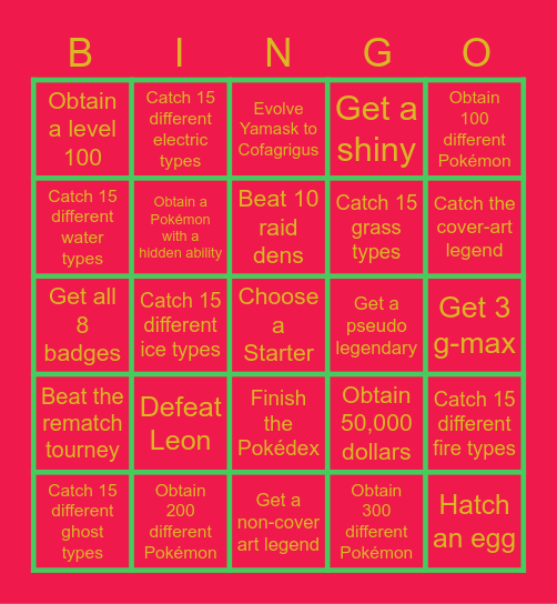 Sword/Shield Bingo Challenge Bingo Card