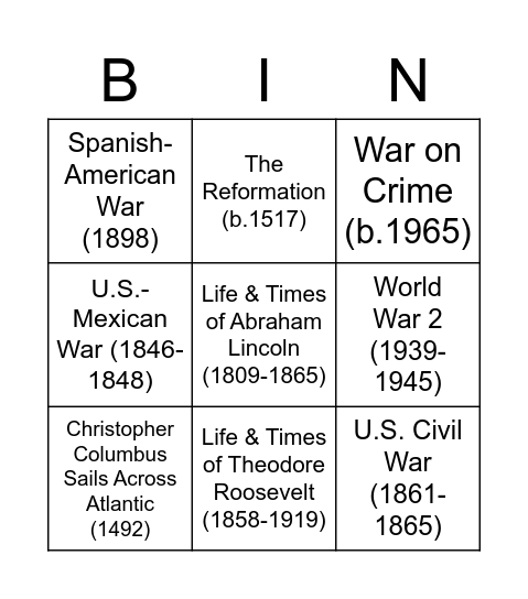 Historical Events Bingo Card