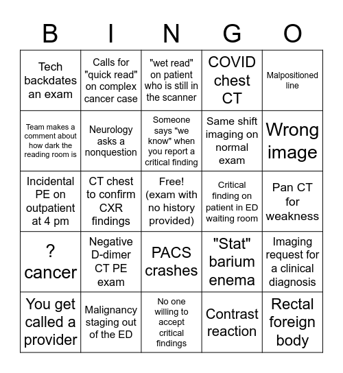 Radiology Bingo Card