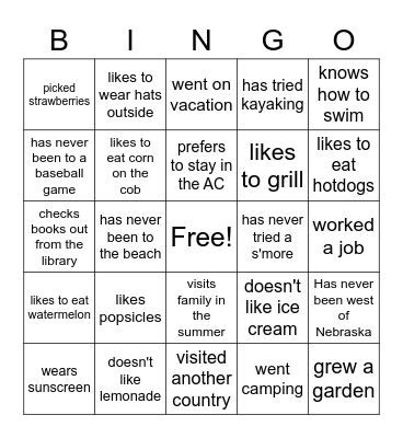 Find someone who - summer activities Bingo Card