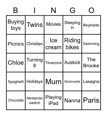 Cooper & Christians 8th Birthday Bingo Card