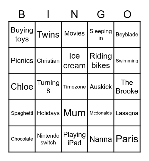 Cooper & Christians 8th Birthday Bingo Card