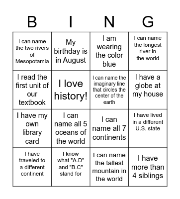 World History First Day Bingo Card