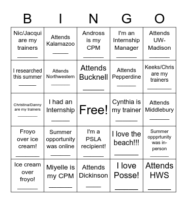 Posse LA Internship Celebration Bingo Card