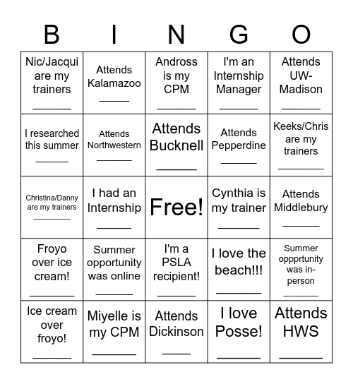 Posse LA Internship Celebration Bingo Card