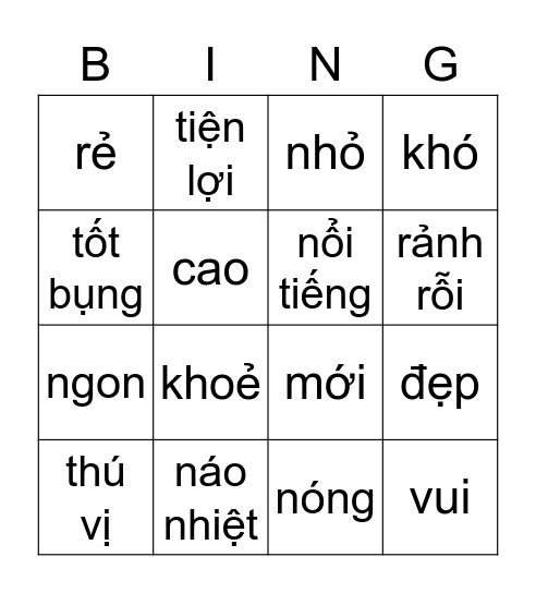 TÍNH TỪ Bingo Card