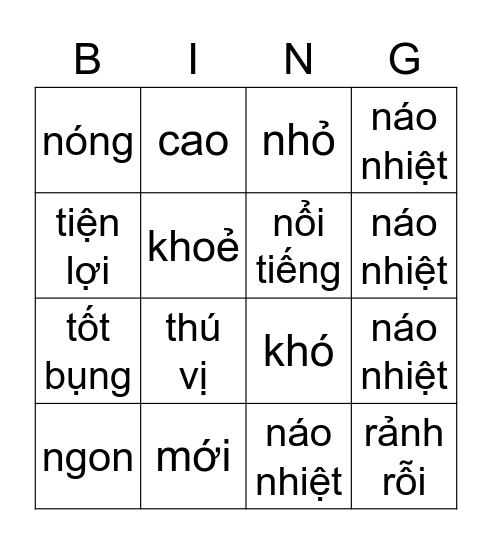 TÍNH TỪ Bingo Card