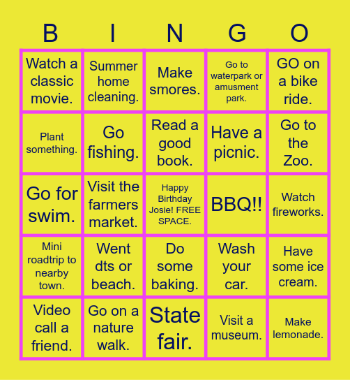 Summer TO-DO Bingo Card