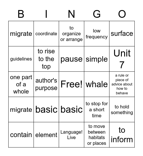 Unit 7 Vocabulary Bingo Card