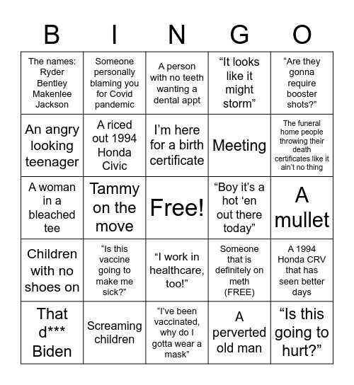 A Day at the Health Department Bingo Card
