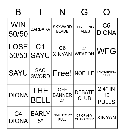 Yoimiya + Weapon Banner Pulls Bingo Card