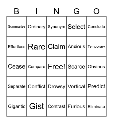 Reading Vocabulary Bingo Card