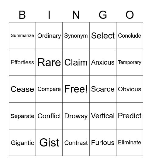 Reading Vocabulary Bingo Card