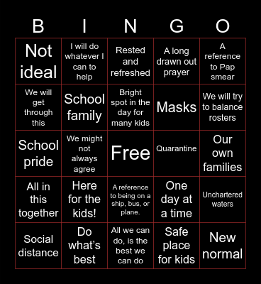 Back to School Pep Talk Phrases Bingo Card