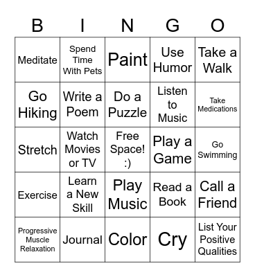 Positive Coping Skills Bingo Card