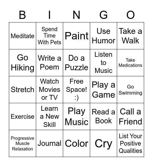 Positive Coping Skills Bingo Card