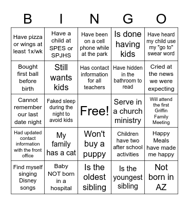 SPHS Parent Night Bingo Card