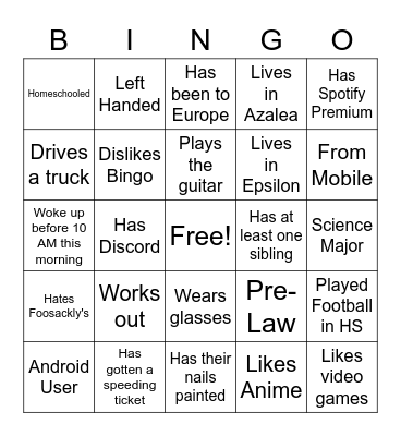 Attribute Bingo Card
