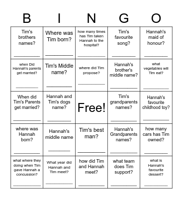 Hannah and Tim's Bingo Card