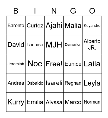 4th Period Students Bingo Card