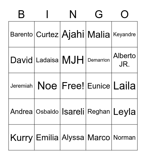 4th Period Students Bingo Card