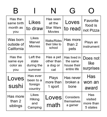 Middle School Bingo Card