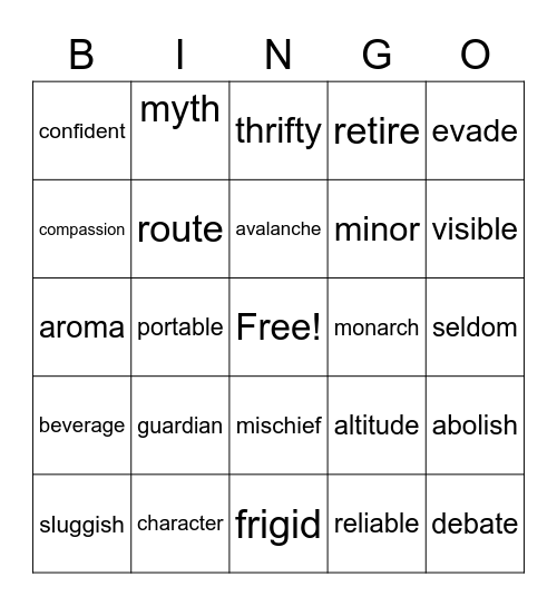 5th Grade Vocabulary Bingo Card