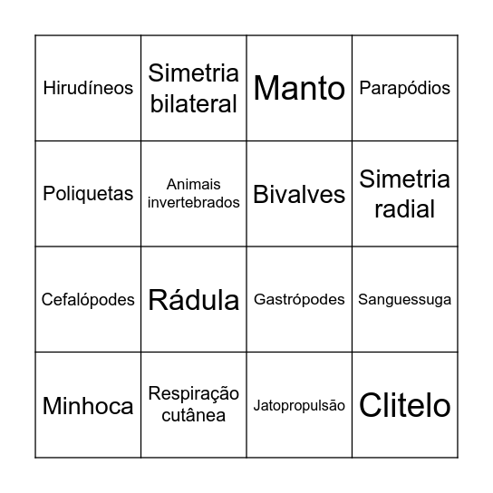Anelídeos e moluscos Bingo Card