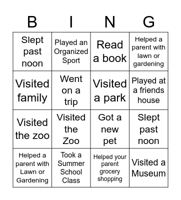 2021 Summer Bingo Card