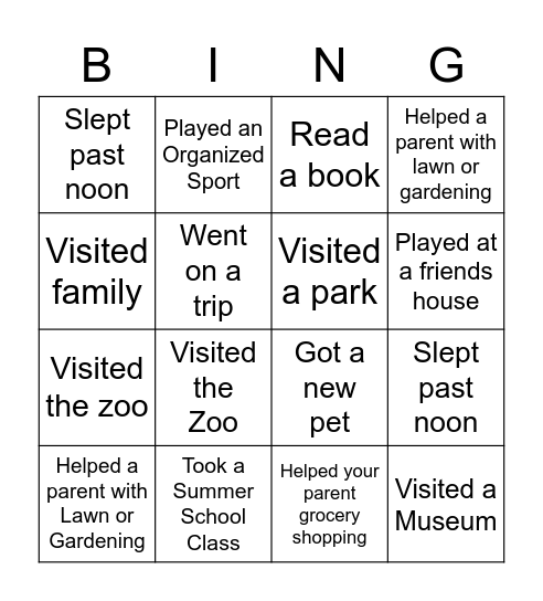 2021 Summer Bingo Card