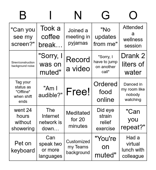 Zoom Bingo Card