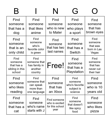 Get to Know Your Classmates Bingo Card