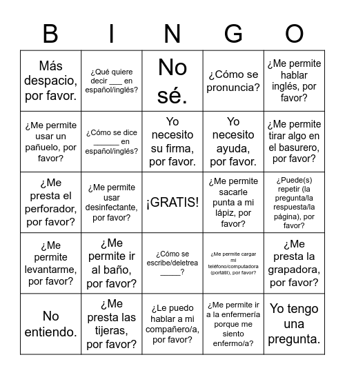 Expresiones útiles Bingo Card