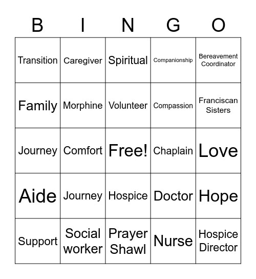 Franciscan Hospice Volunteers Bingo Card