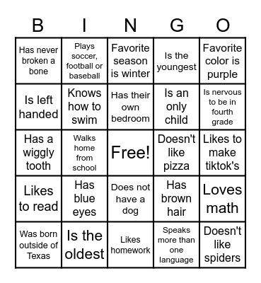 Get to know fourth graders Bingo Card