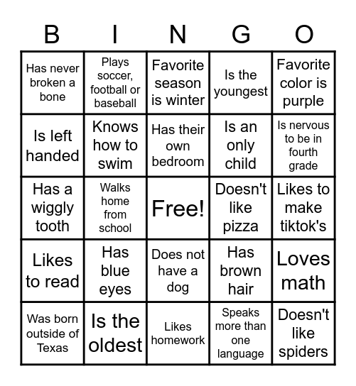 Get to know fourth graders Bingo Card