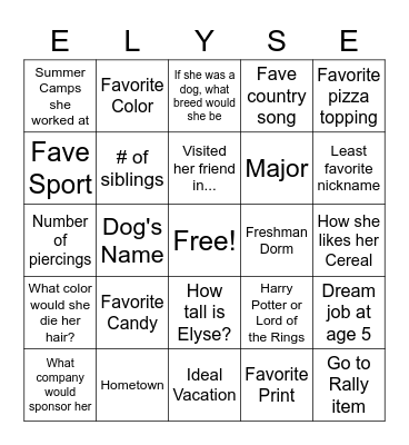 Elyse Bingo Card