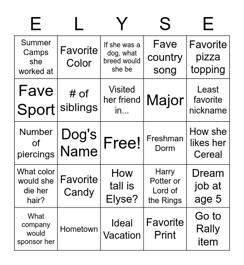 Elyse Bingo Card