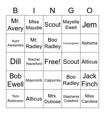 To Kill a Mockingbird Bingo Card