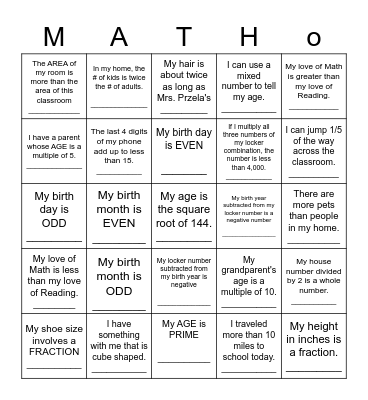 Find a classmate who fits each description! Bingo Card