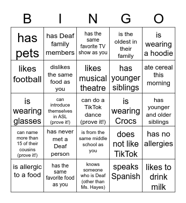 Getting to Know You BINGO-ASL I Bingo Card