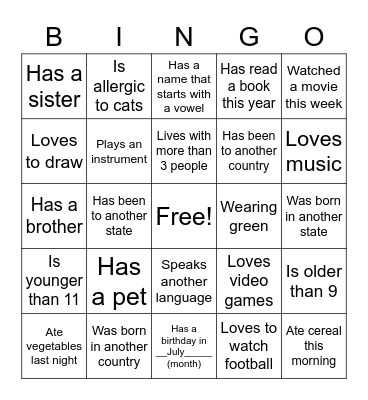 Getting to Know You Bingo Card