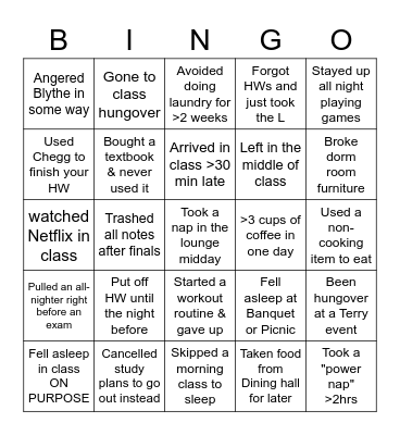 Bad Student Bingo Card