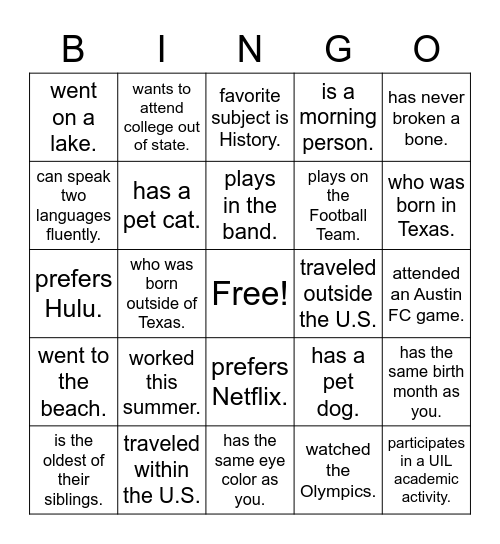 Meet Your Classmates, find someone who... Bingo Card