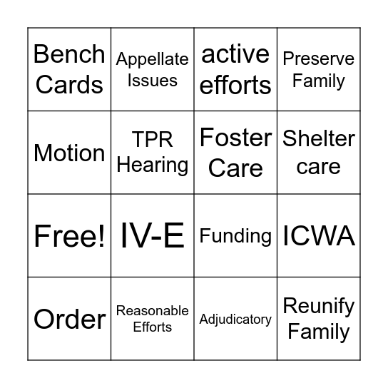 Reasonable Efforts Bingo Card