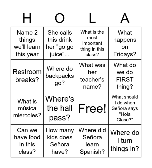 La Clase de Español Bingo Card