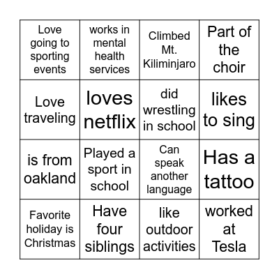 Getting to know each other Bingo Card